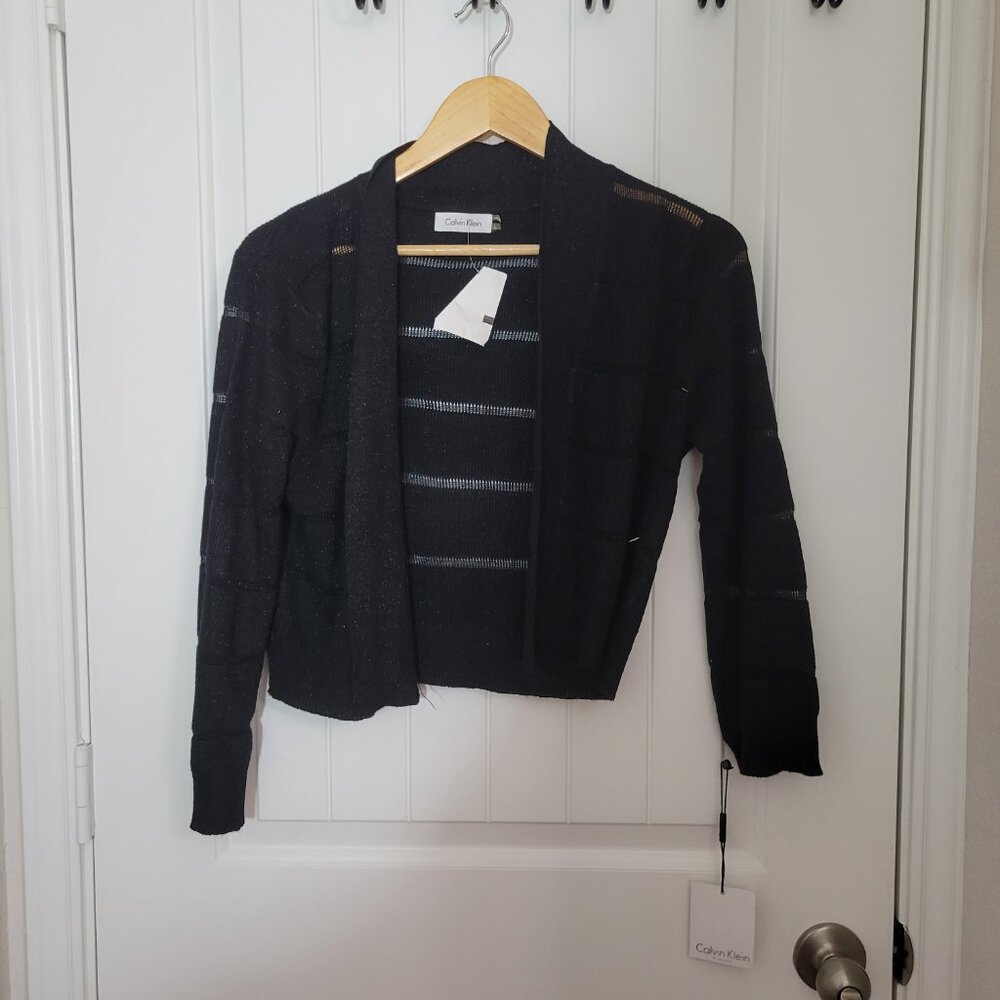 CALVIN KLEIN, WOMEN'S L, BLACK CROPPED SPLIT FRONT CARDIGAN SWEATER, EUC